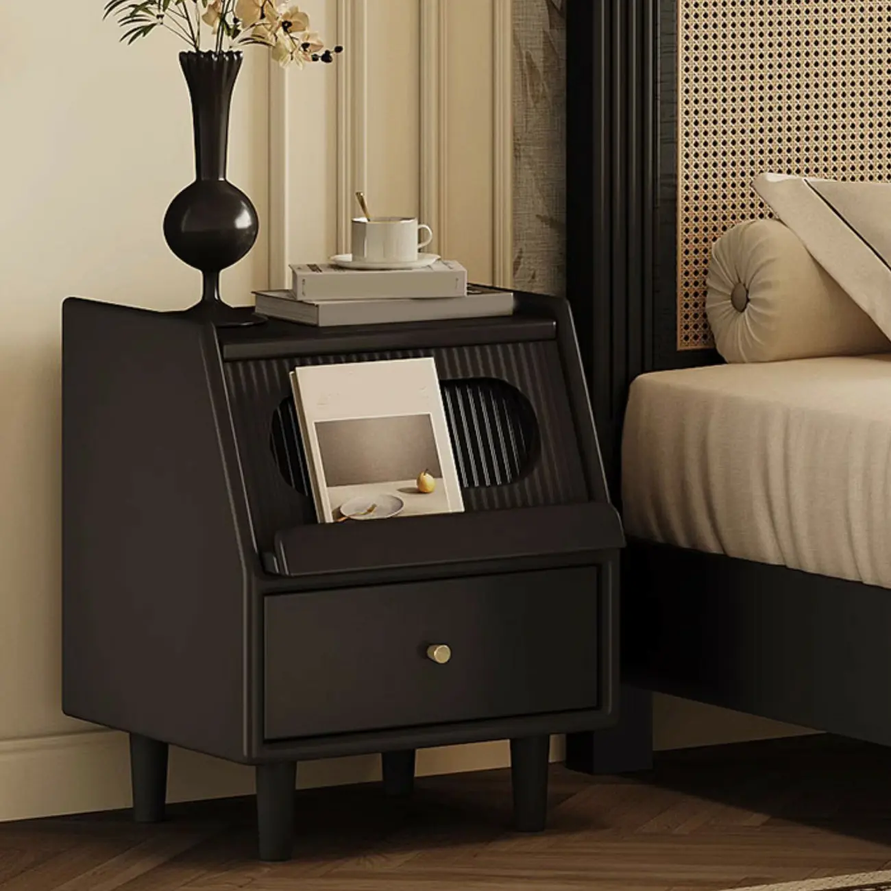Narrow Black Wooden Drawer Storage Bedroom Nightstand Image - 4 | homeyfad