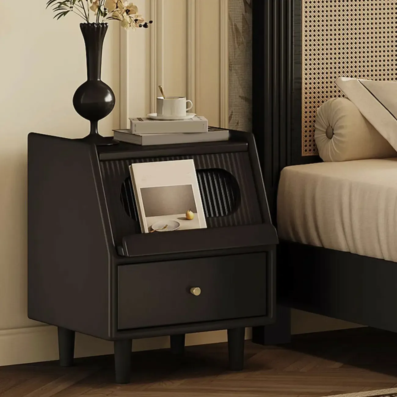 Narrow Black Wooden Drawer Storage Bedroom Nightstand Image - 4