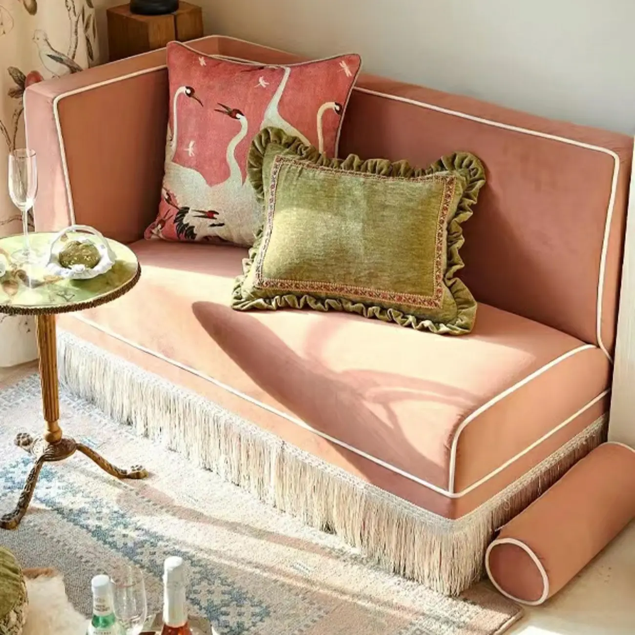 French Country Wooden Frame Tassel Chaise Lounge Image - 1 | homeyfad
