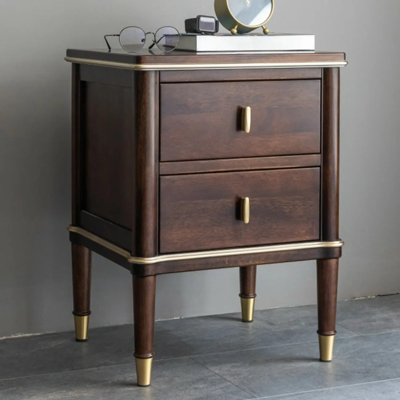 Nordic Brown Wood 2-Drawer Bedroom Nightstand with Legs Image - 2 | homeyfad