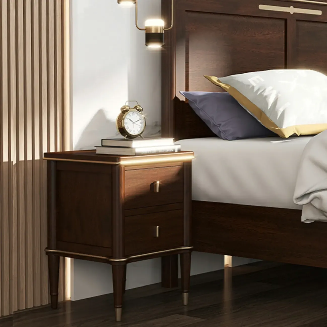 Nordic Brown Wood 2-Drawer Bedroom Nightstand with Legs Image - 3