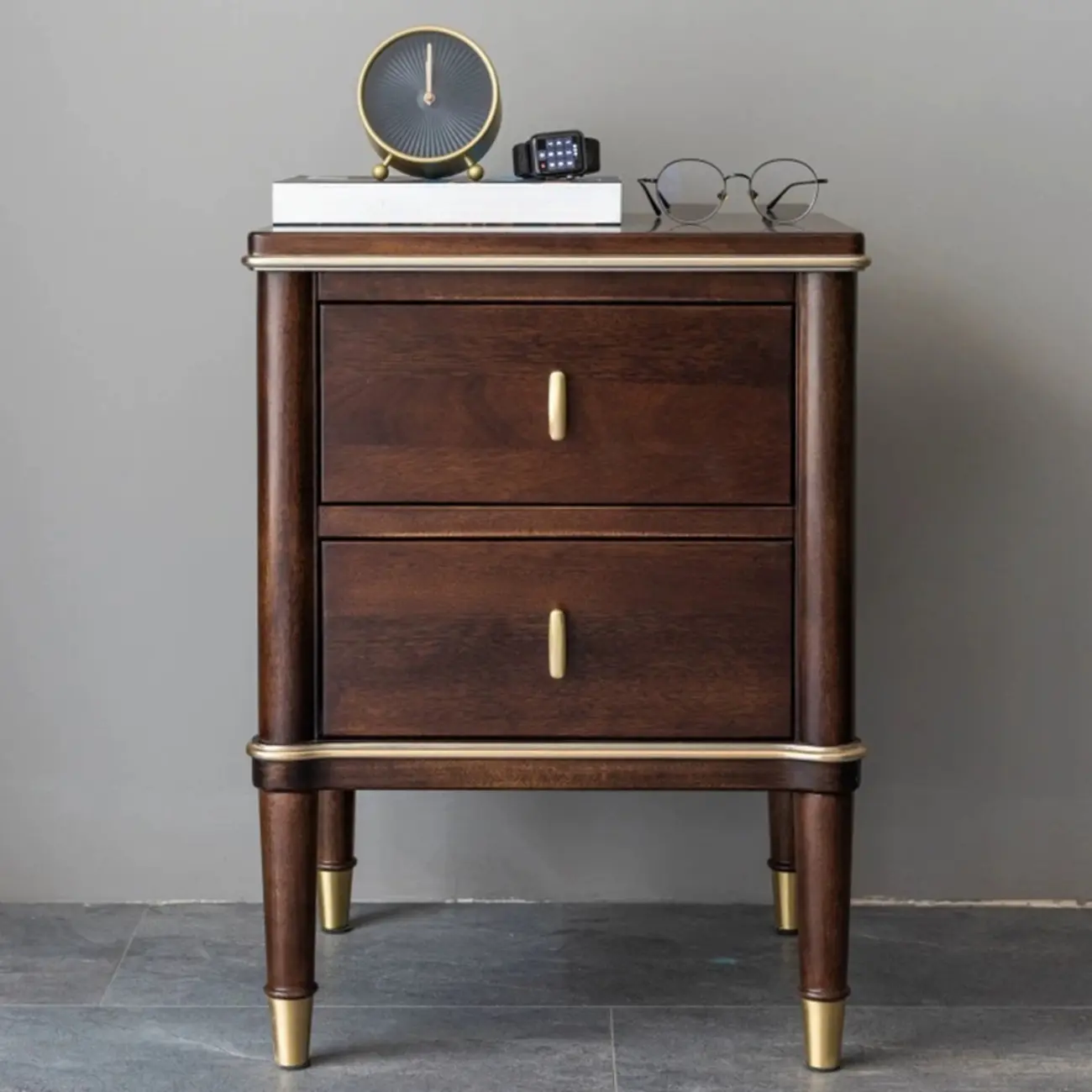 Nordic Brown Wood 2-Drawer Bedroom Nightstand with Legs Image - 1 | homeyfad