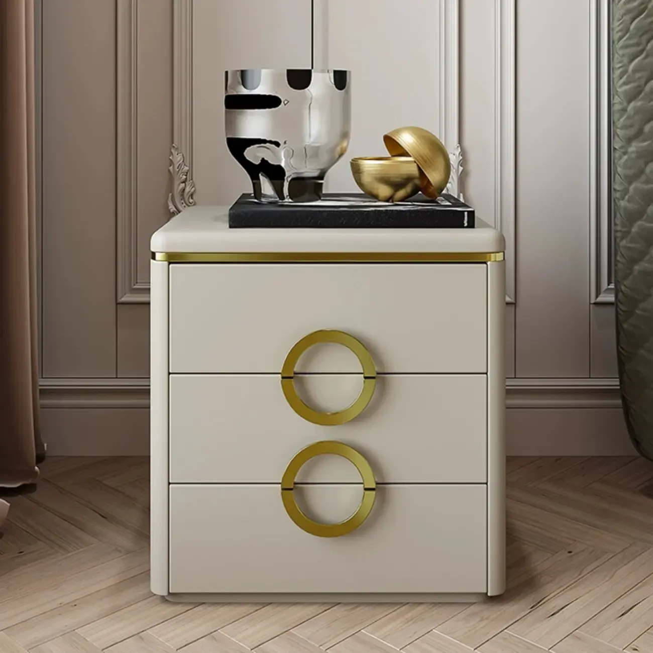 Elegant Faux Leather Metal Accent 3 Drawers Nightstand Image - 1