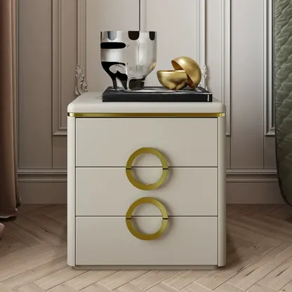 Elegant Faux Leather Metal Accent 3 Drawers Nightstand Image - 1
