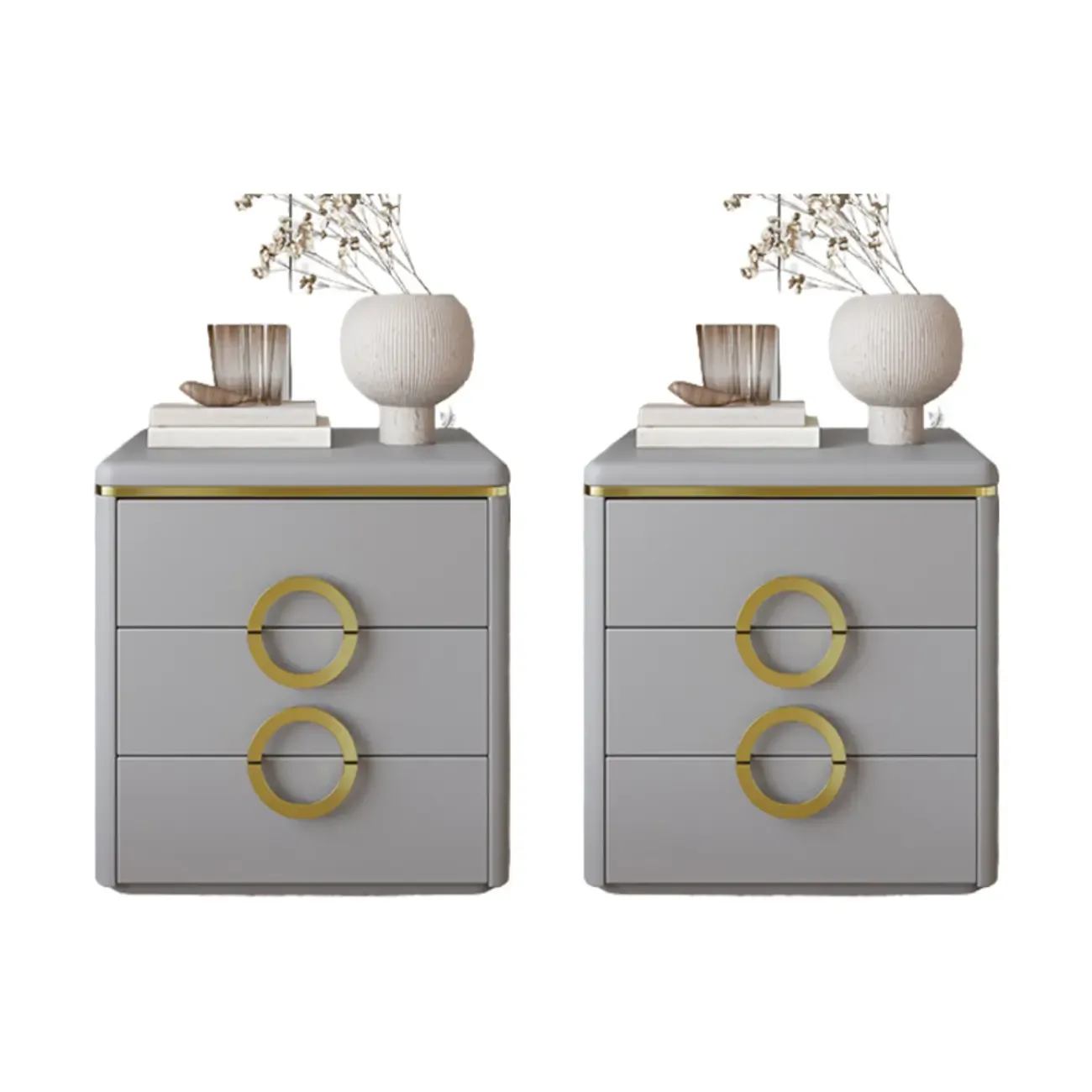 Elegant Faux Leather Metal Accent 3 Drawers Nightstand Image - 2