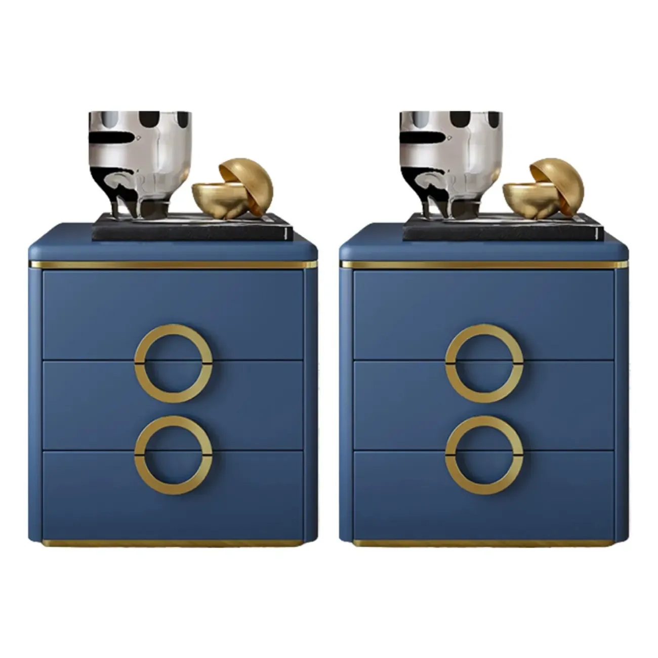 Elegant Faux Leather Metal Accent 3 Drawers Nightstand Image - 4