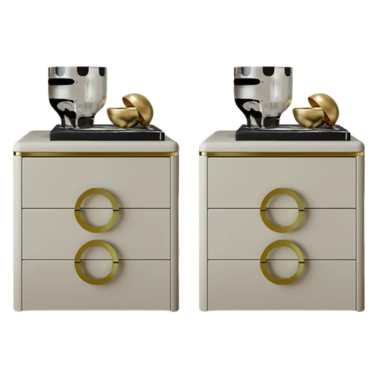 Elegant Faux Leather Metal Accent 3 Drawers Nightstand Image - 5