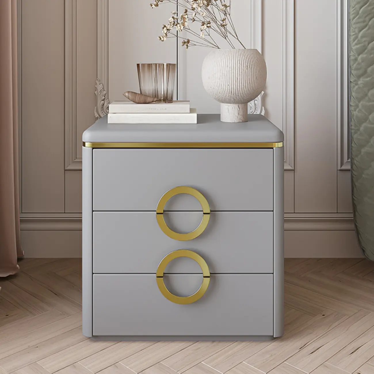 Elegant Faux Leather Metal Accent 3 Drawers Nightstand Image - 7 | homeyfad