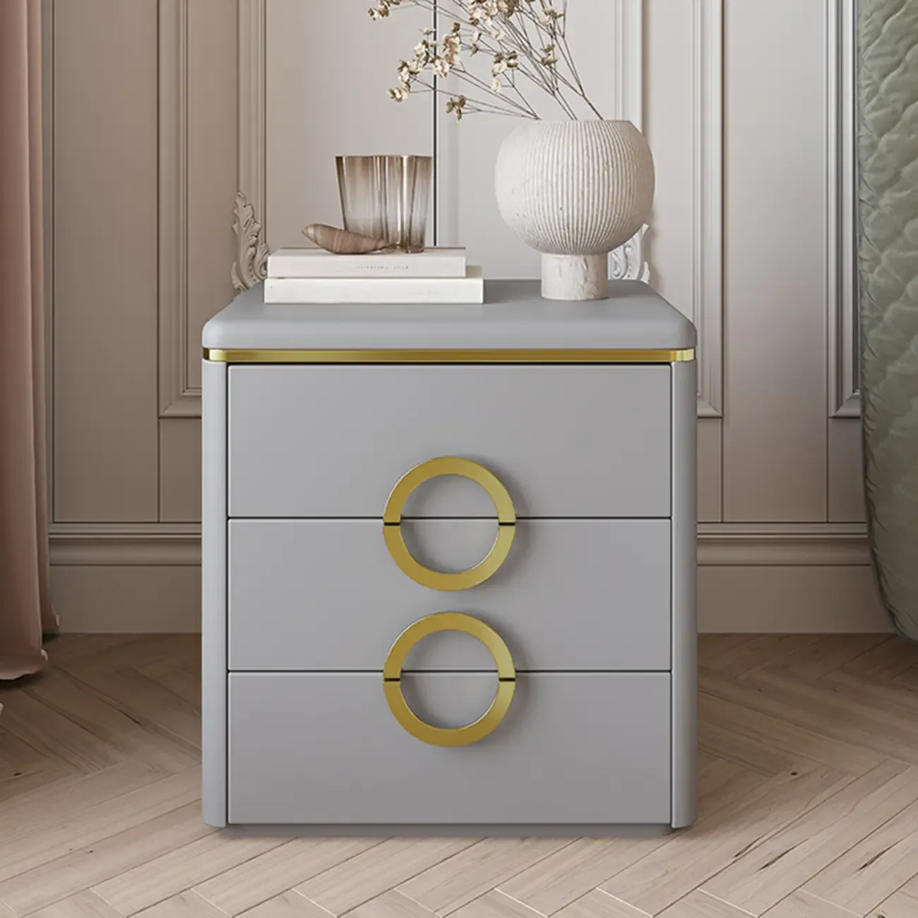 Elegant Faux Leather Metal Accent 3 Drawers Nightstand Image - 7