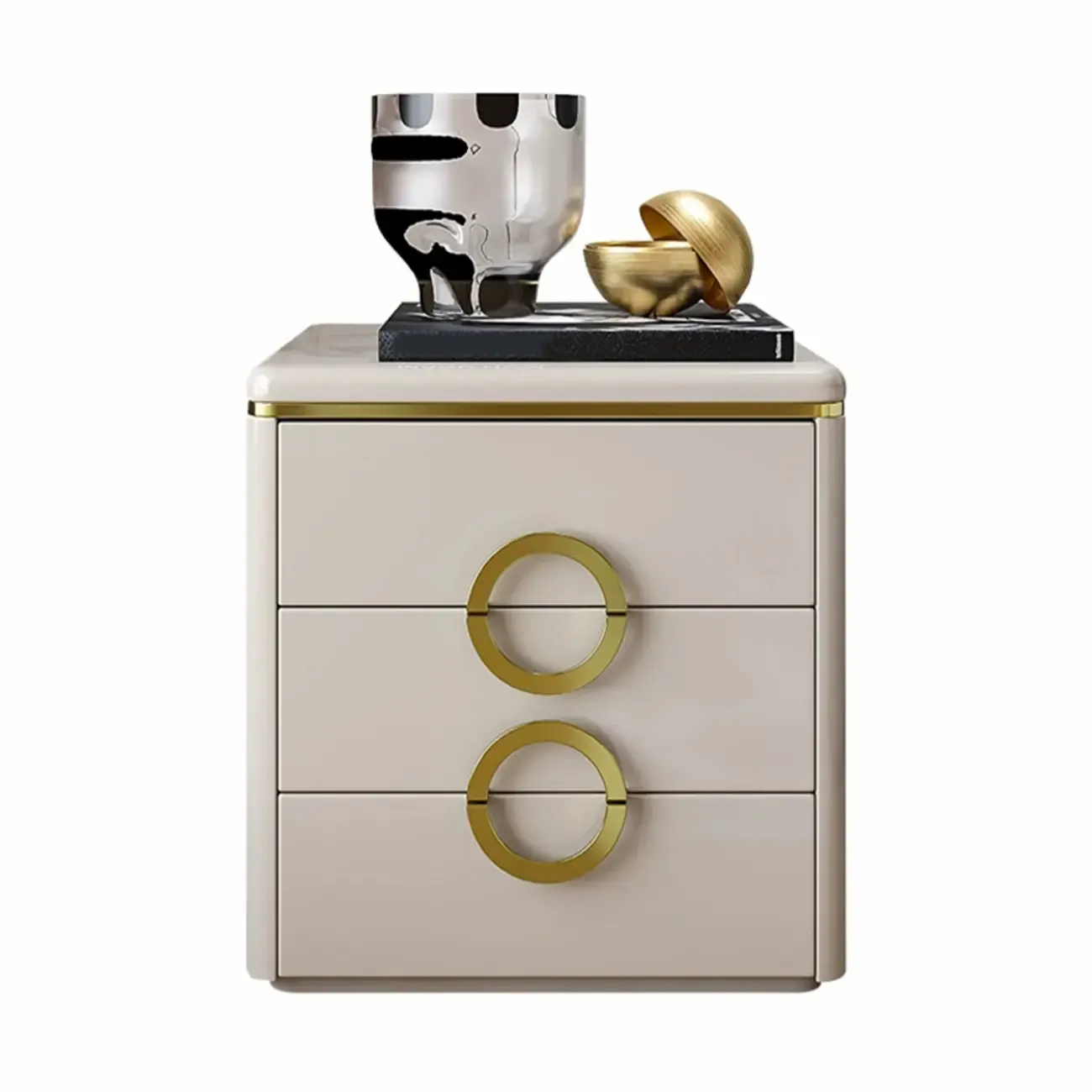 Elegant Faux Leather Metal Accent 3 Drawers Nightstand Image - 8