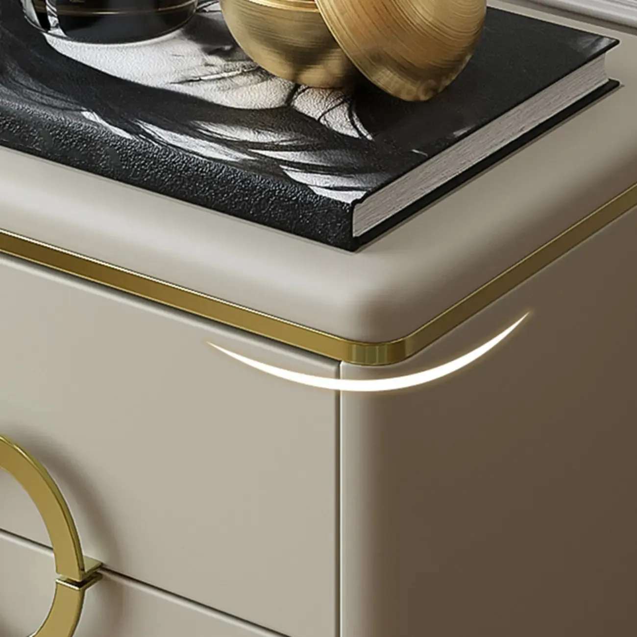 Elegant Faux Leather Metal Accent 3 Drawers Nightstand Image - 9