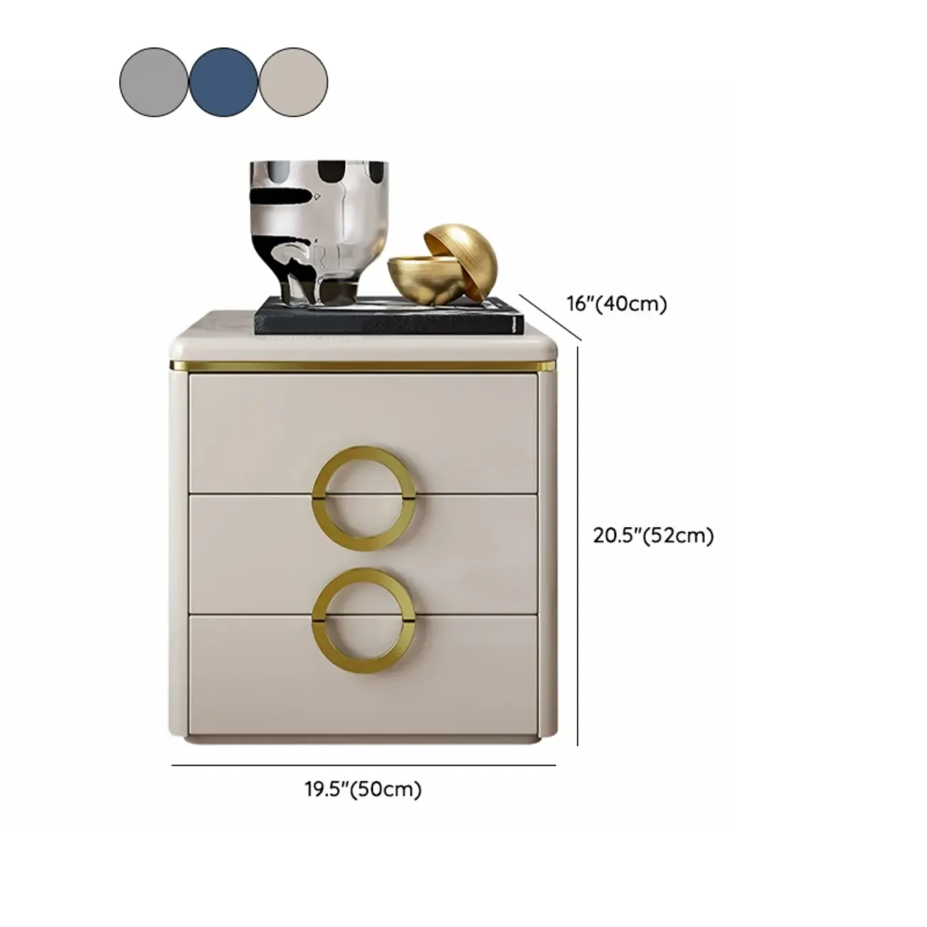 Elegant Faux Leather Metal Accent 3 Drawers Nightstand #size