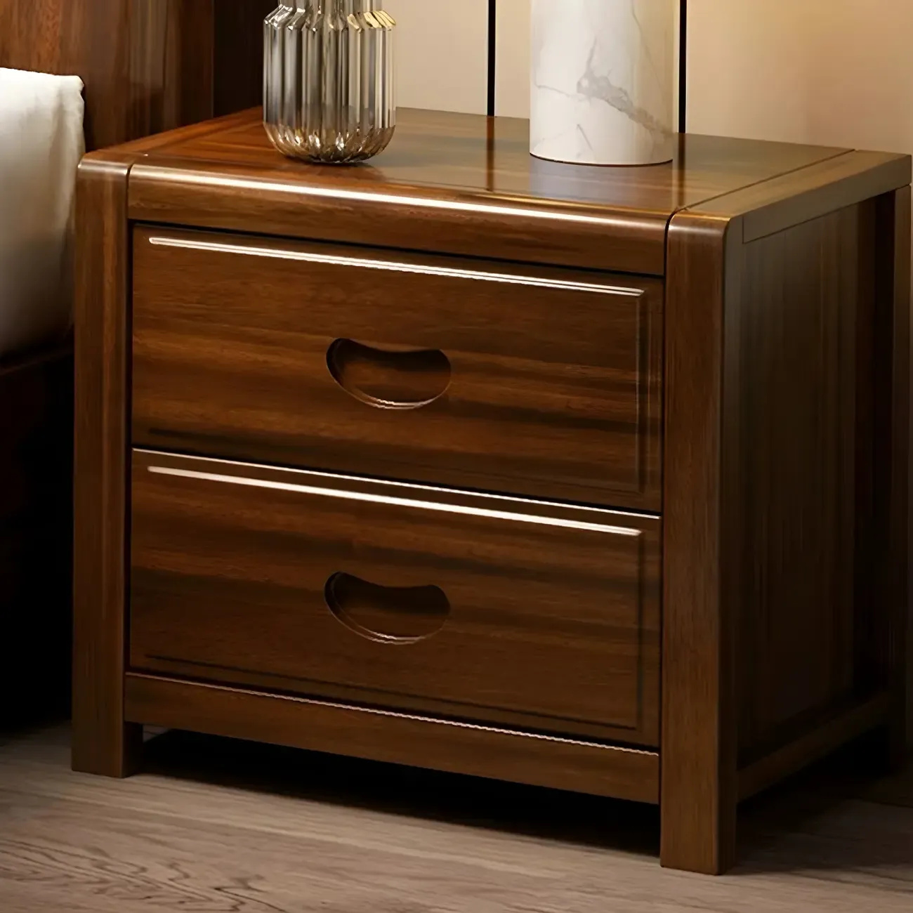 Traditional Nut-Brown 2-Drawer Wood Small Nightstand Image - 2
