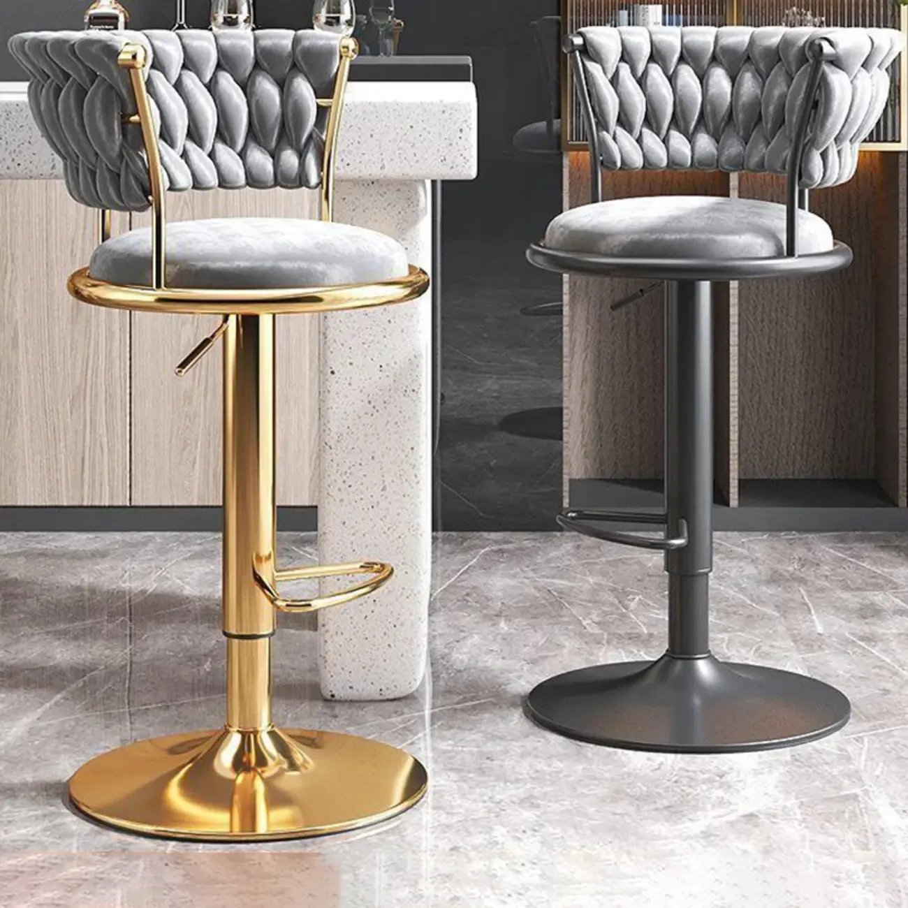 Luxurious Velvet Swivel Bar Stools with Backrest for Home Bar Image - 1
