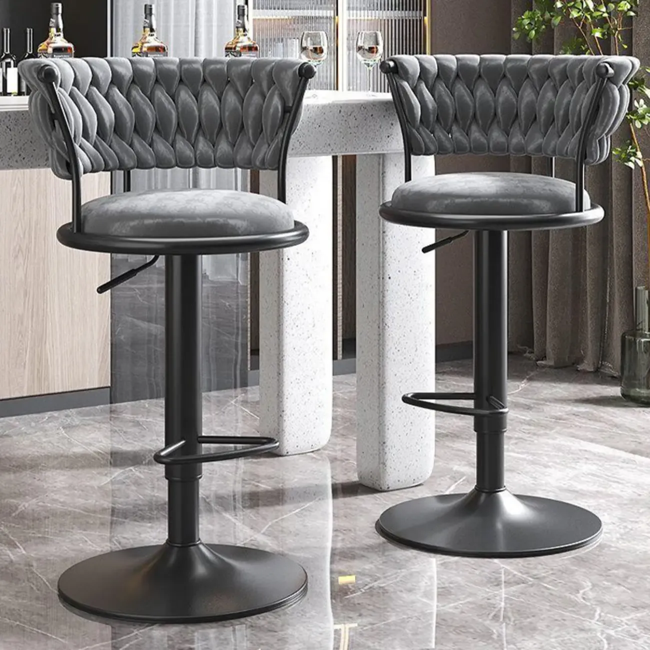 Luxurious Velvet Swivel Bar Stools with Backrest for Home Bar Image - 6