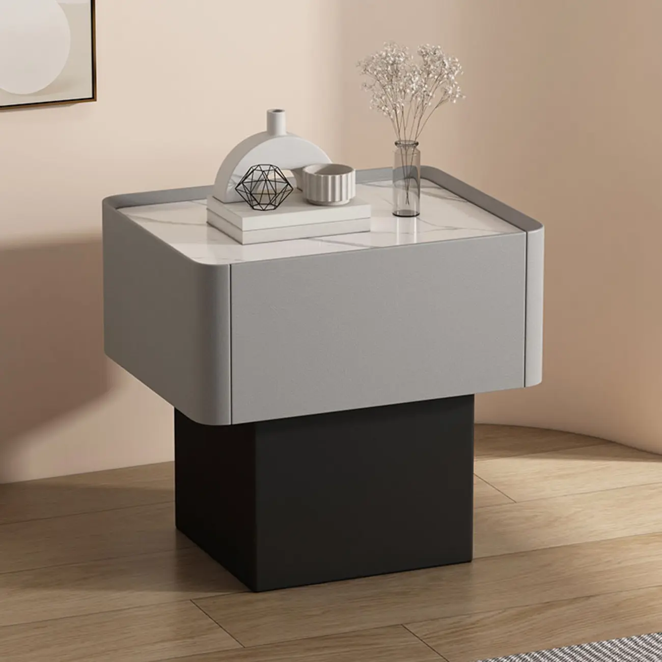 Modern Faux Leather Drawer Nightstand with Stone Top Image - 3 | homeyfad
