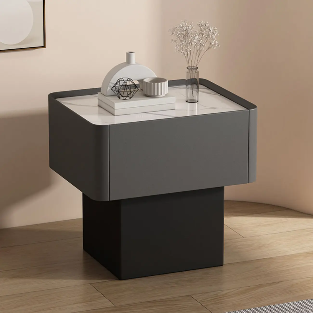 Modern Faux Leather Drawer Nightstand with Stone Top Image - 4 | homeyfad