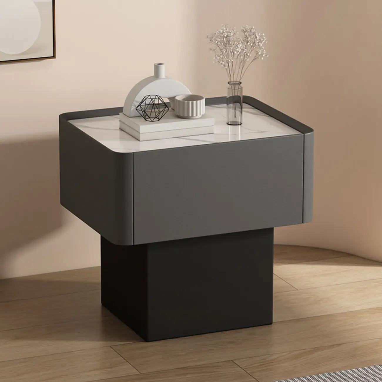 Modern Faux Leather Drawer Nightstand with Stone Top Image - 4