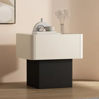 Modern Faux Leather Drawer Nightstand with Stone Top Image - 2