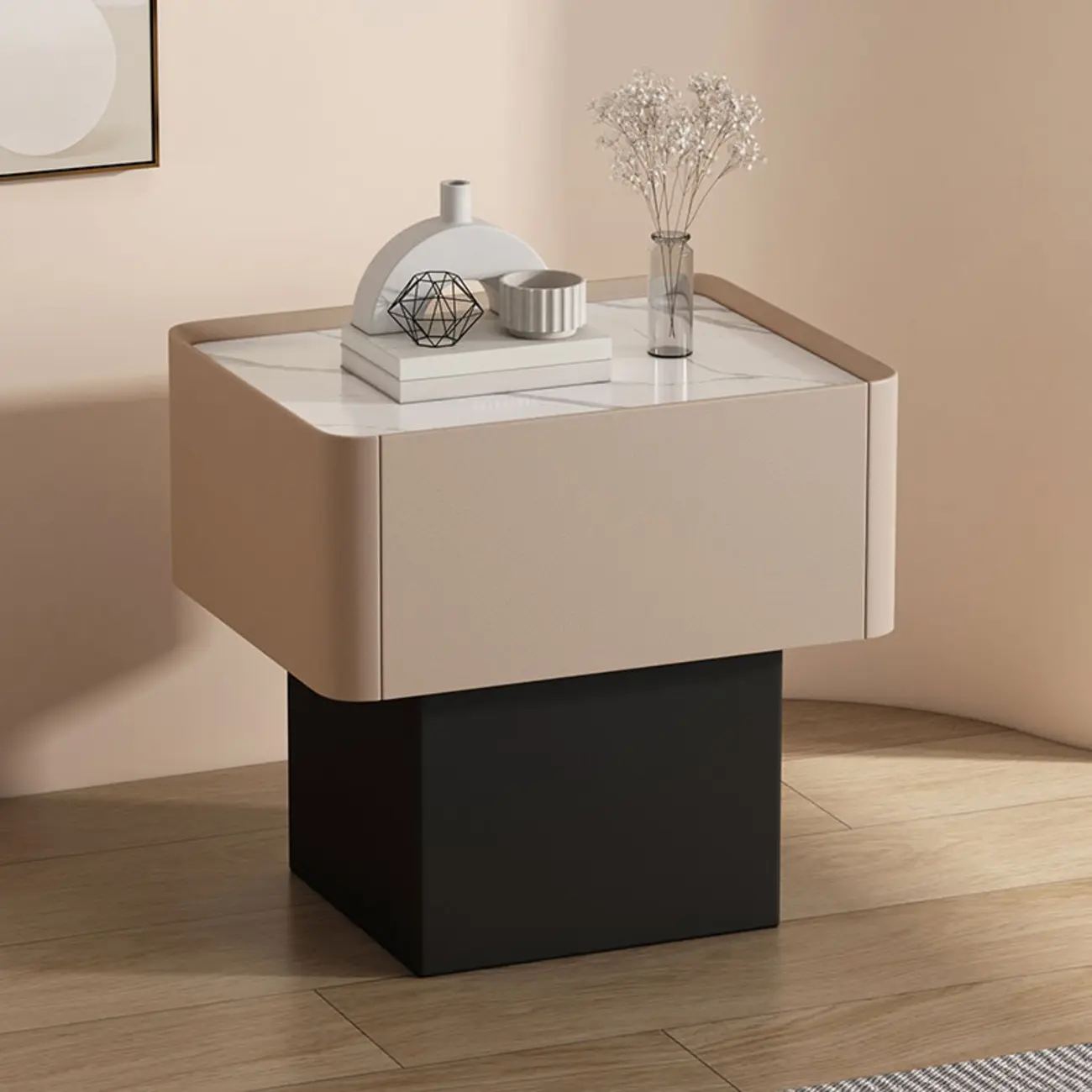 Modern Faux Leather Drawer Nightstand with Stone Top Image - 5 | homeyfad