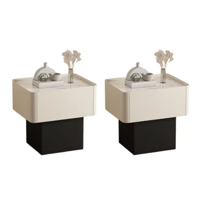 Modern Faux Leather Drawer Nightstand with Stone Top Image - 7