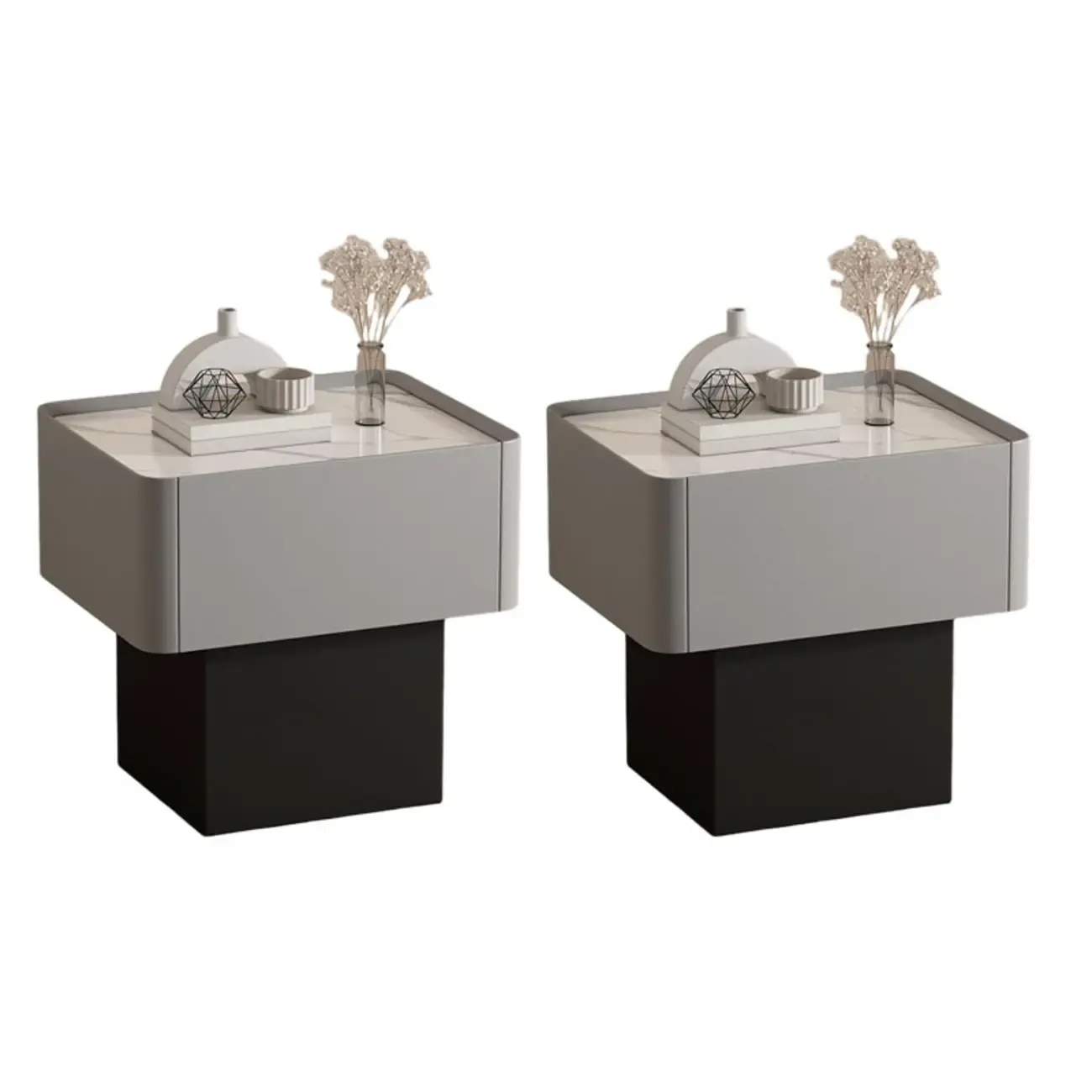 Modern Faux Leather Drawer Nightstand with Stone Top Image - 10