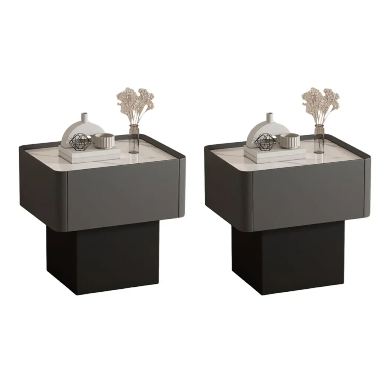 Modern Faux Leather Drawer Nightstand with Stone Top Image - 8