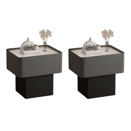 Modern Faux Leather Drawer Nightstand with Stone Top Image - 8
