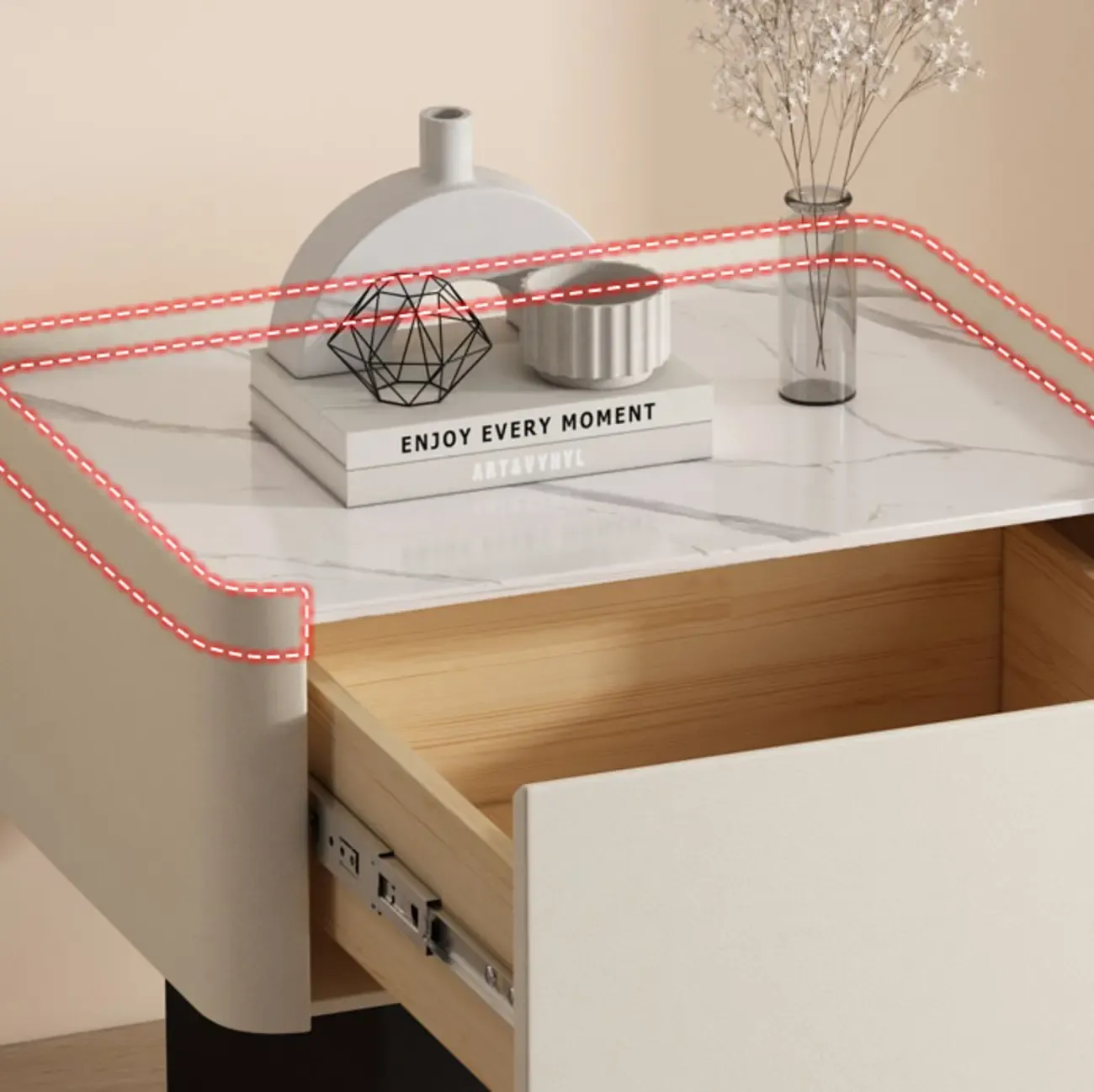 Modern Faux Leather Drawer Nightstand with Stone Top Image - 11