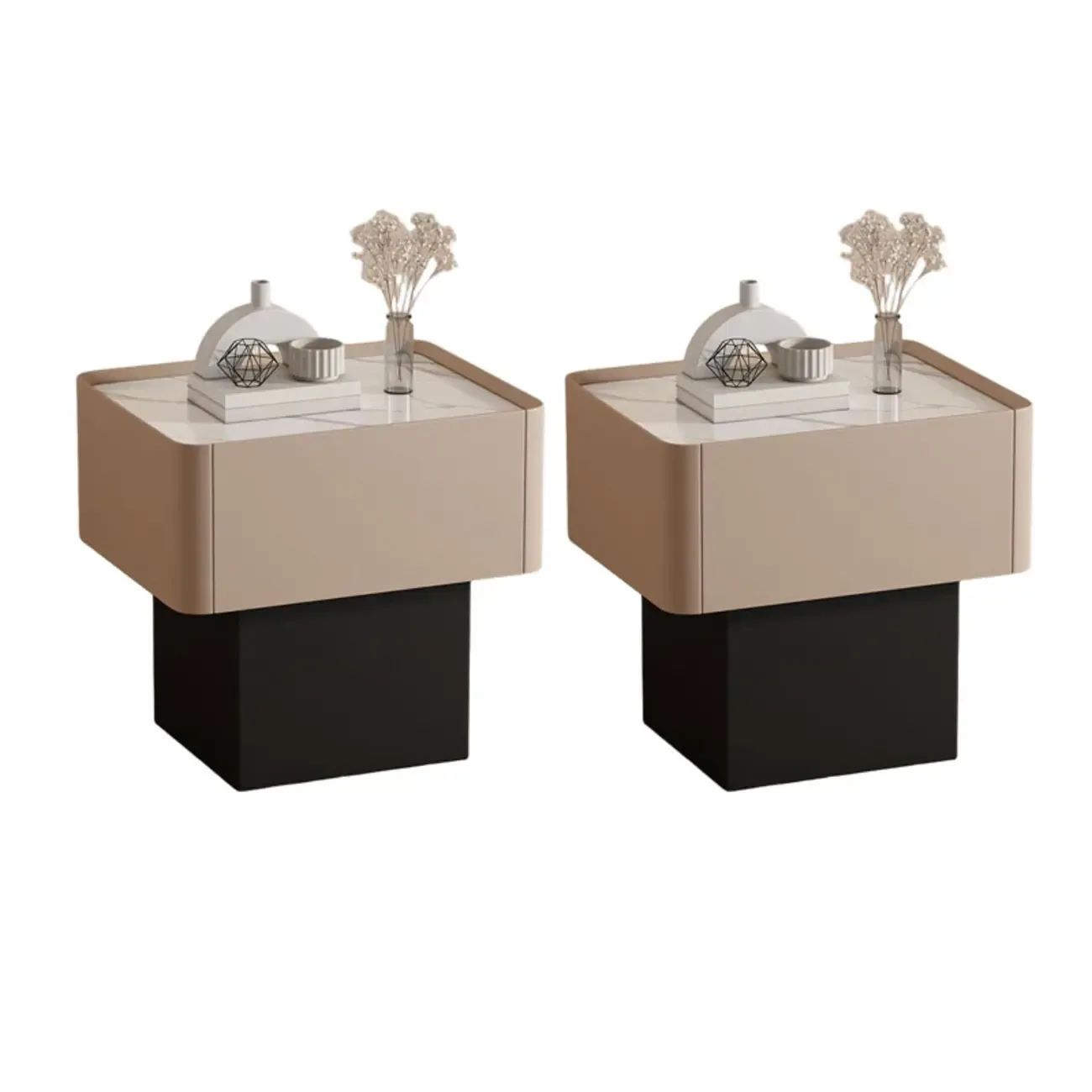Modern Faux Leather Drawer Nightstand with Stone Top Image - 9