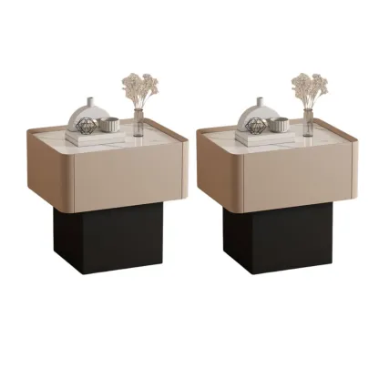 Modern Faux Leather Drawer Nightstand with Stone Top Image - 9