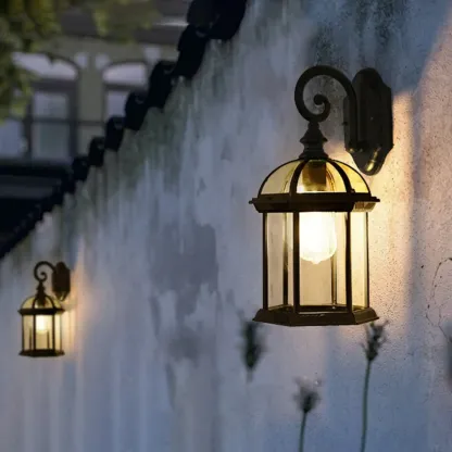 Modern Black Metal Outdoor Wall Light Clear Glass Lantern Image - 2