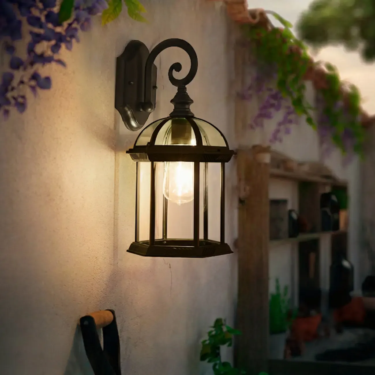 Modern Black Metal Outdoor Wall Light Clear Glass Lantern Image - 1