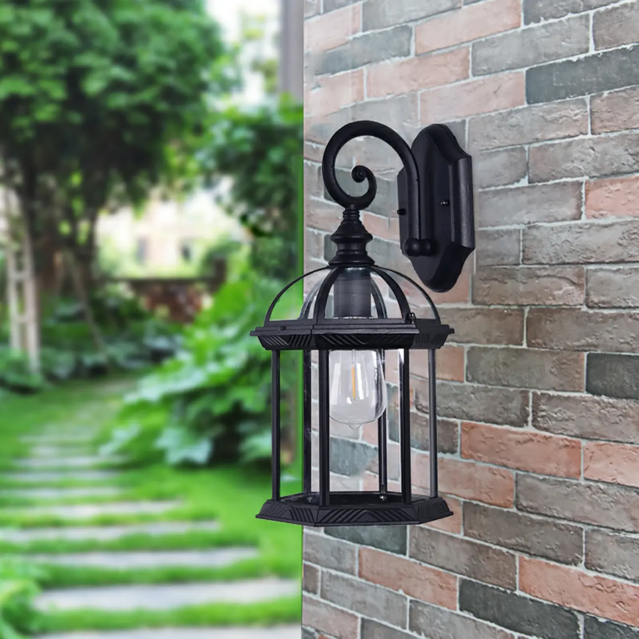 Modern Black Metal Outdoor Wall Light Clear Glass Lantern Image - 4 | homeyfad