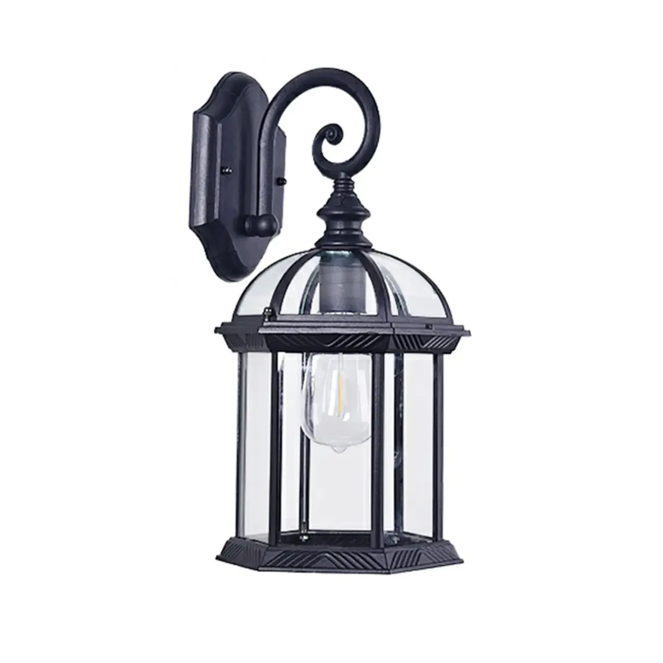 Modern Black Metal Outdoor Wall Light Clear Glass Lantern Image - 5