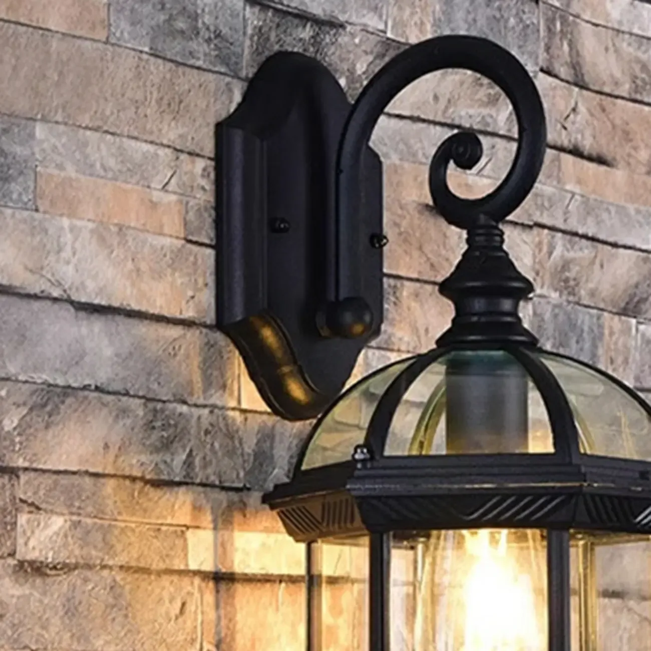 Modern Black Metal Outdoor Wall Light Clear Glass Lantern Image - 6