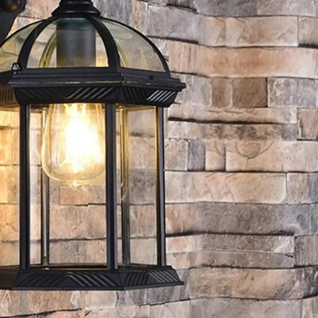Modern Black Metal Outdoor Wall Light Clear Glass Lantern Image - 7