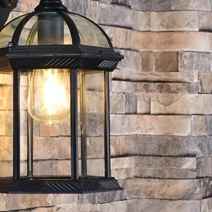 Modern Black Metal Outdoor Wall Light Clear Glass Lantern Image - 7