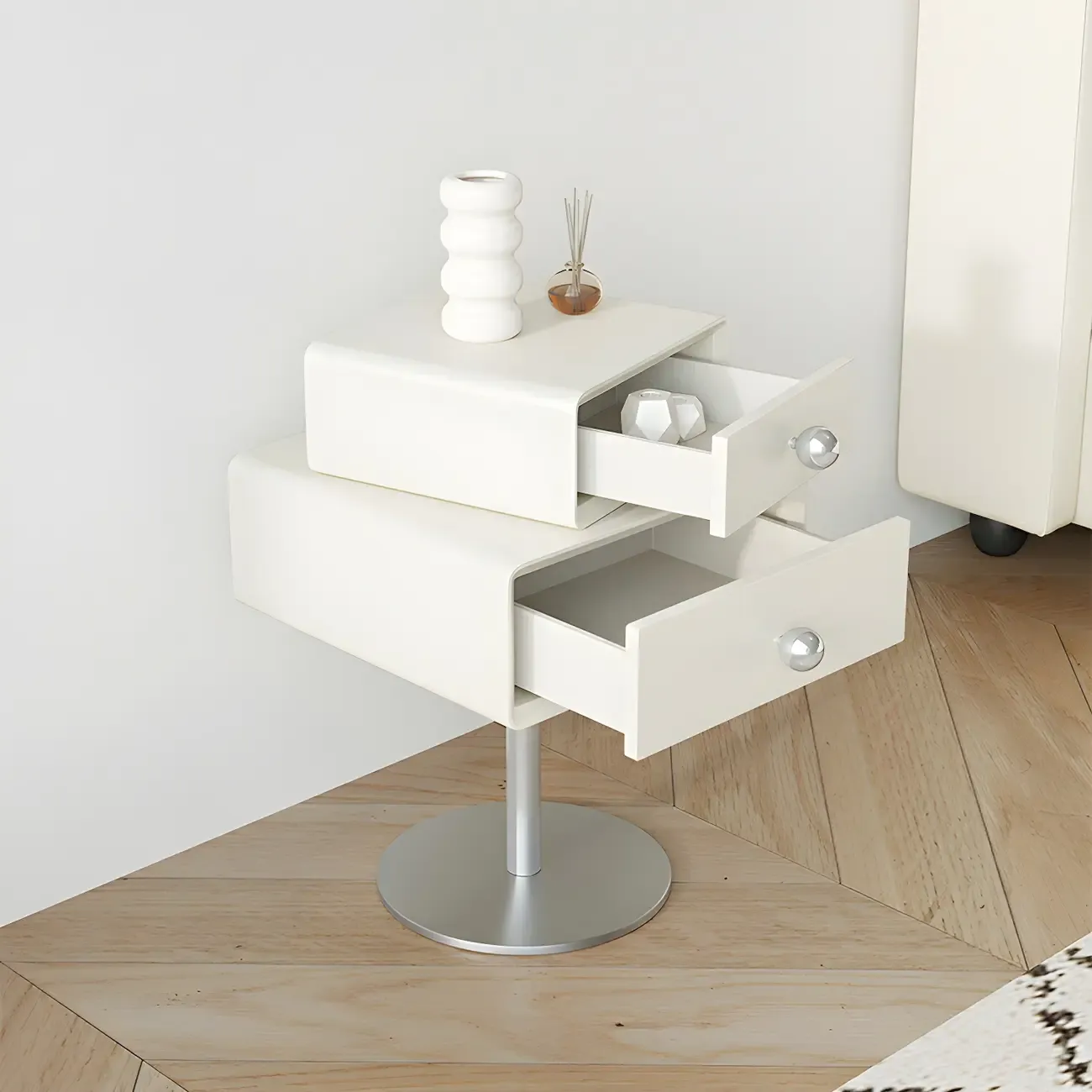 Modern Metal Wood Rotatable 2-Drawer Nightstand Image - 5