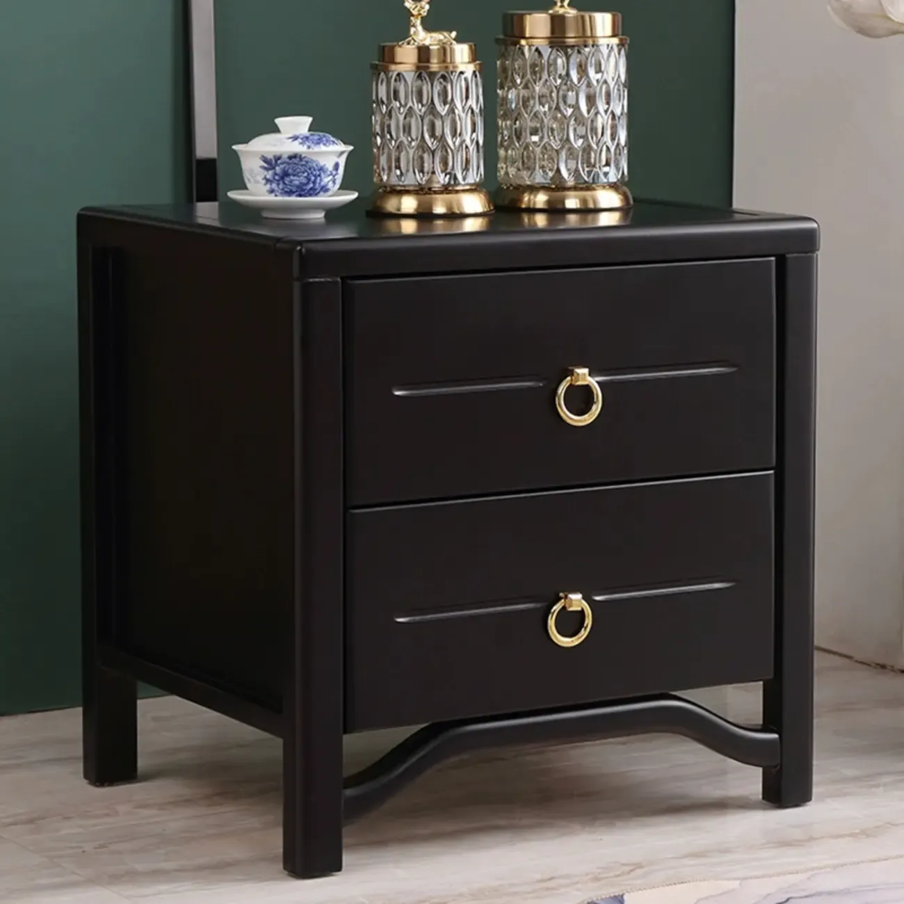 Bedroom Black Wooden 2-Drawer Narrow Nightstand Image - 1
