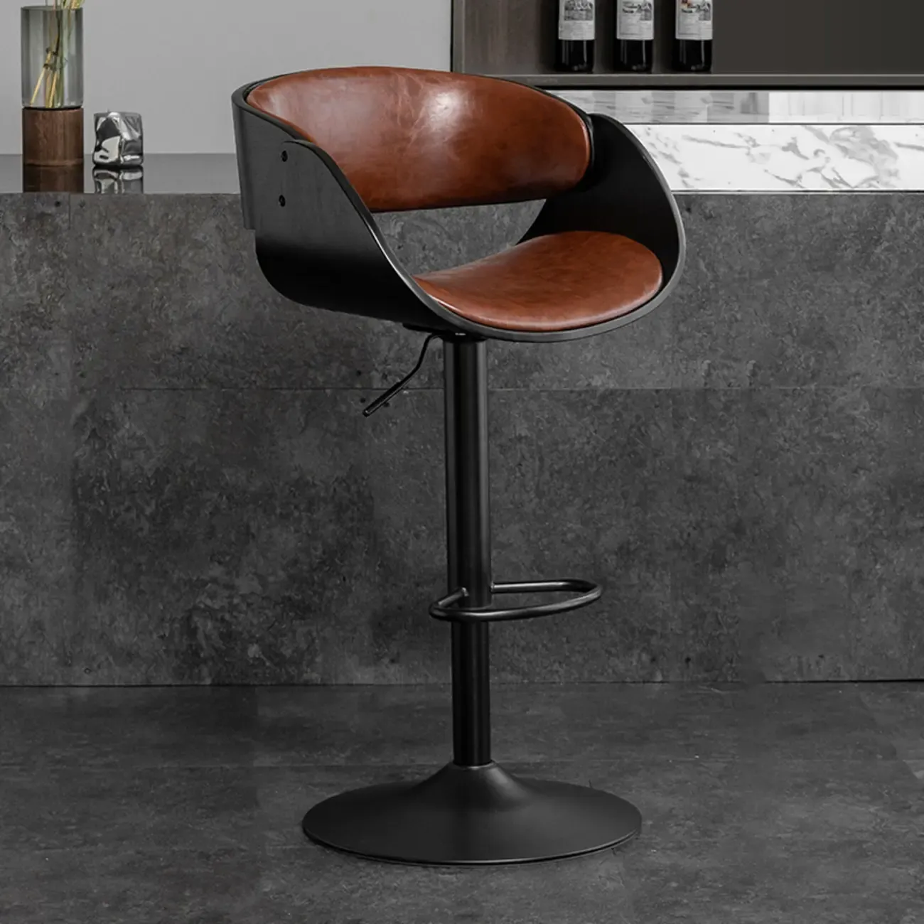 Contemporary Leather Swivel Bar Stools with Arm for Home Bar Image - 9
