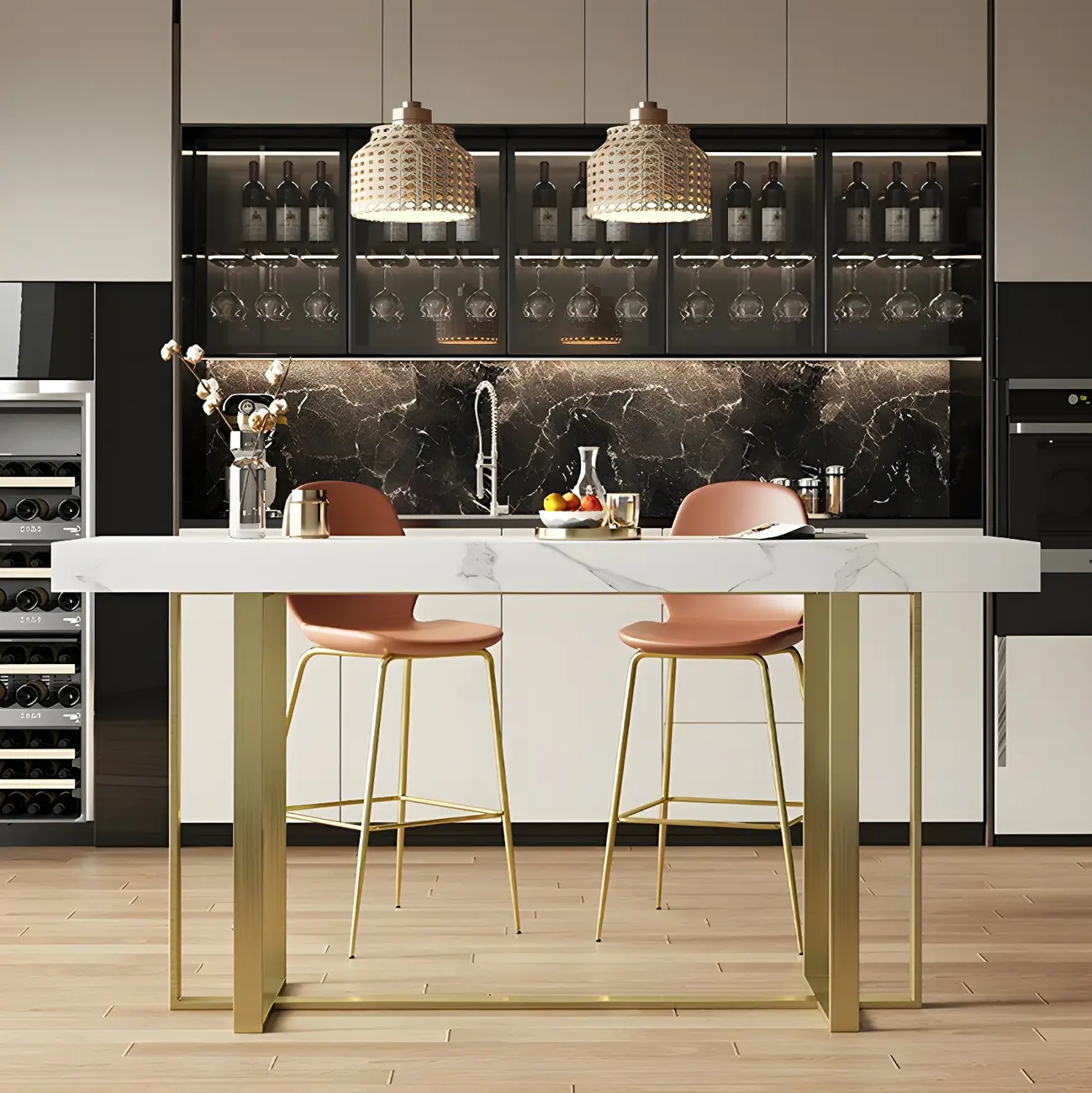 Glamorous White Stone Top Gold Metal Trestle Bar Table Image - 1 | homeyfad