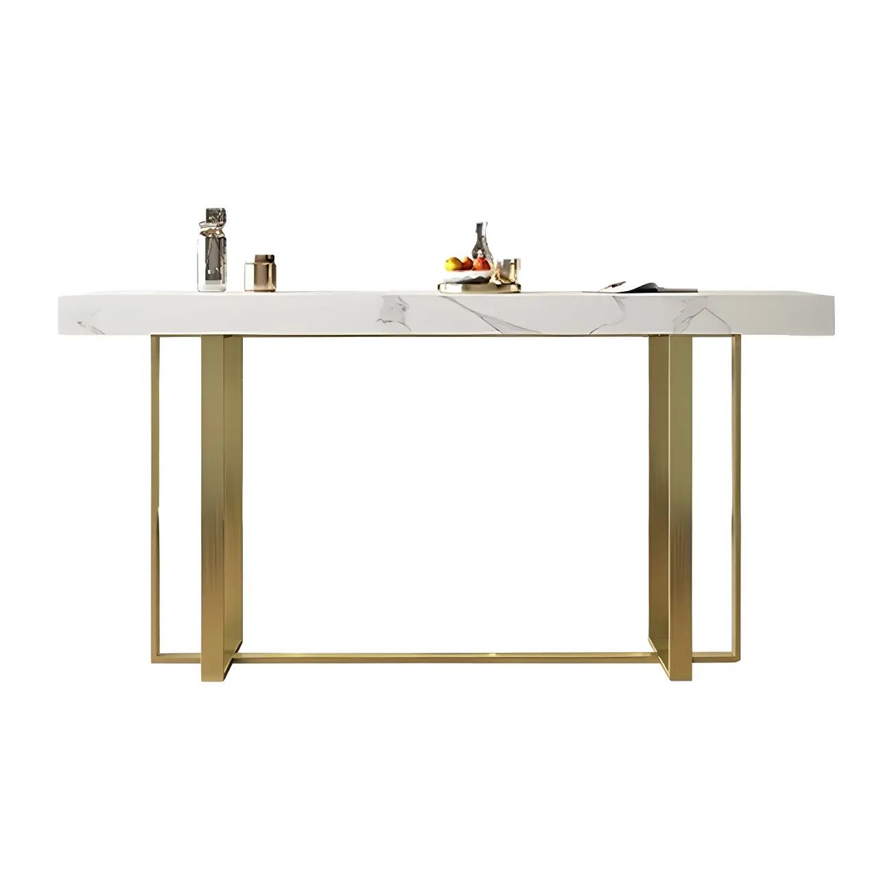 Glamorous White Stone Top Gold Metal Trestle Bar Table Image - 2 | homeyfad