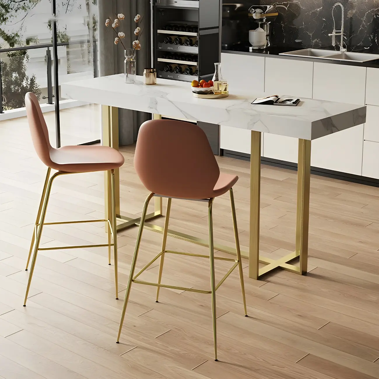 Glamorous White Stone Top Gold Metal Trestle Bar Table Image - 3 | homeyfad