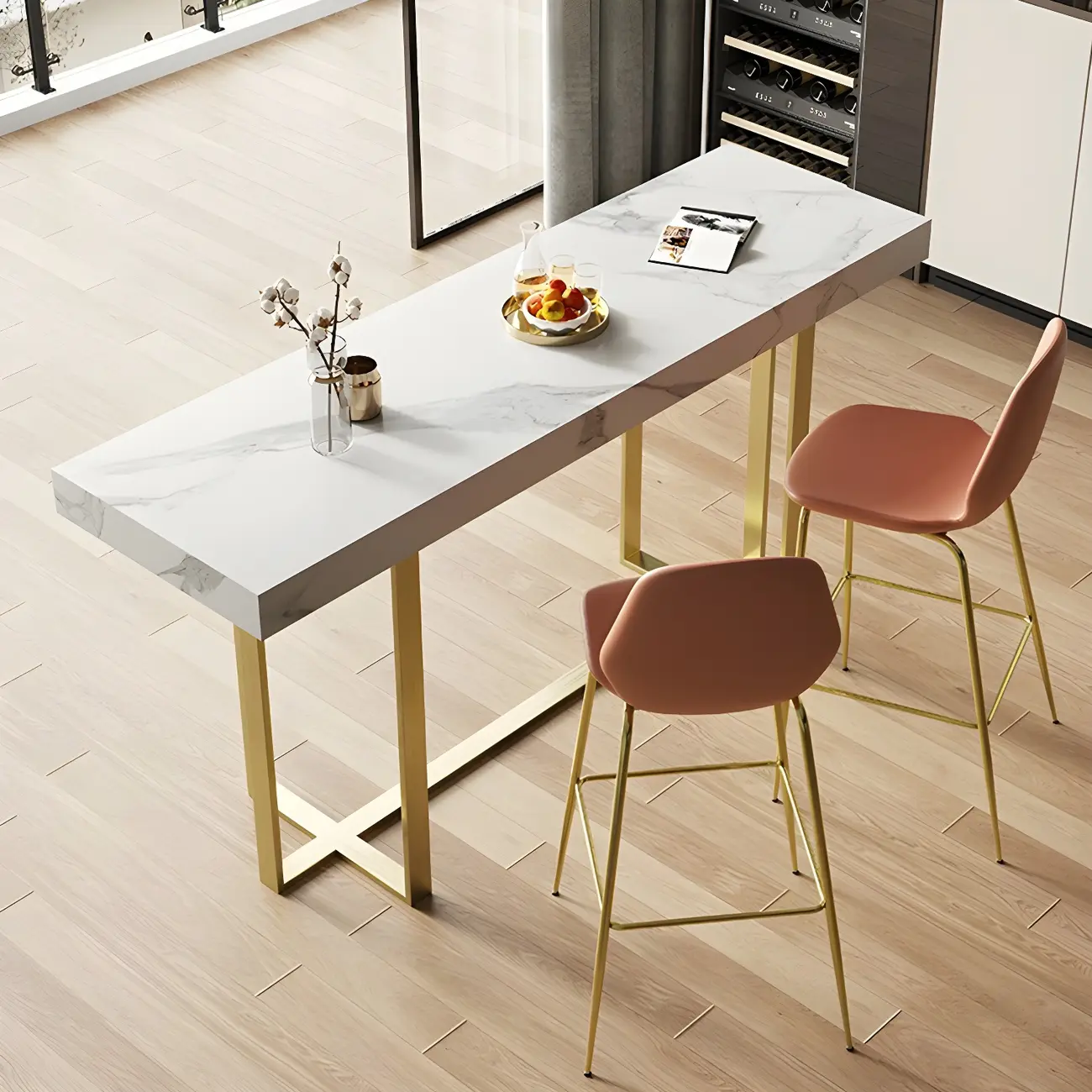 Glamorous White Stone Top Gold Metal Trestle Bar Table Image - 4 | homeyfad