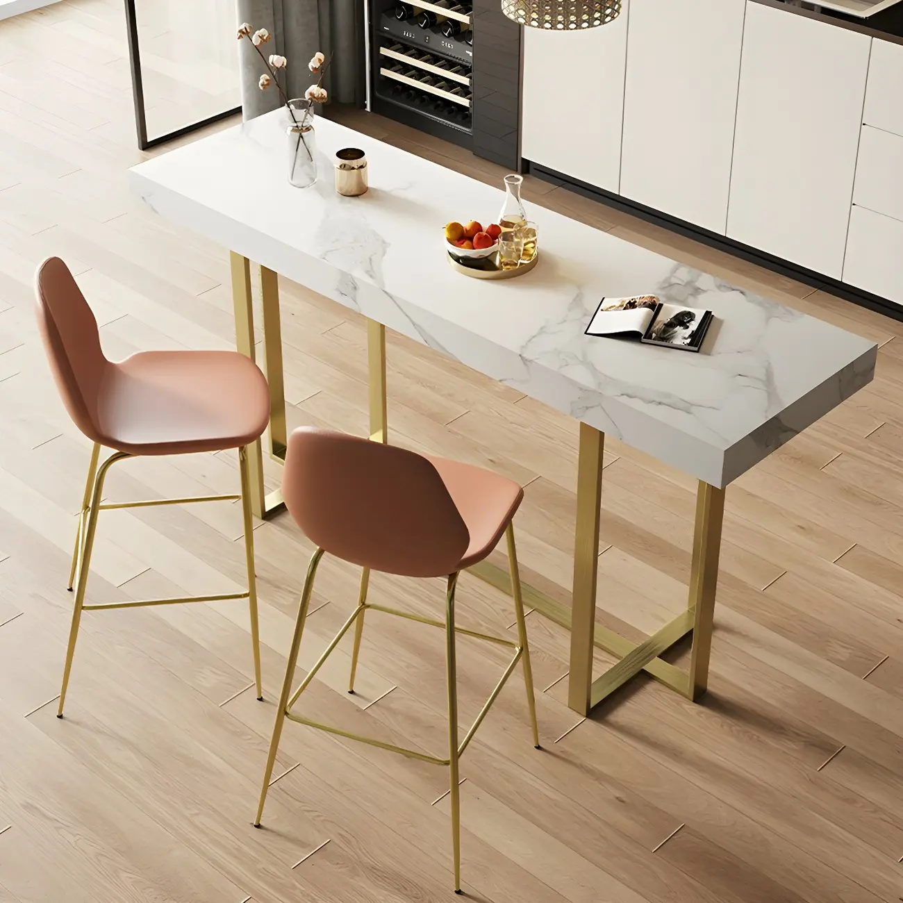 Glamorous White Stone Top Gold Metal Trestle Bar Table Image - 5 | homeyfad