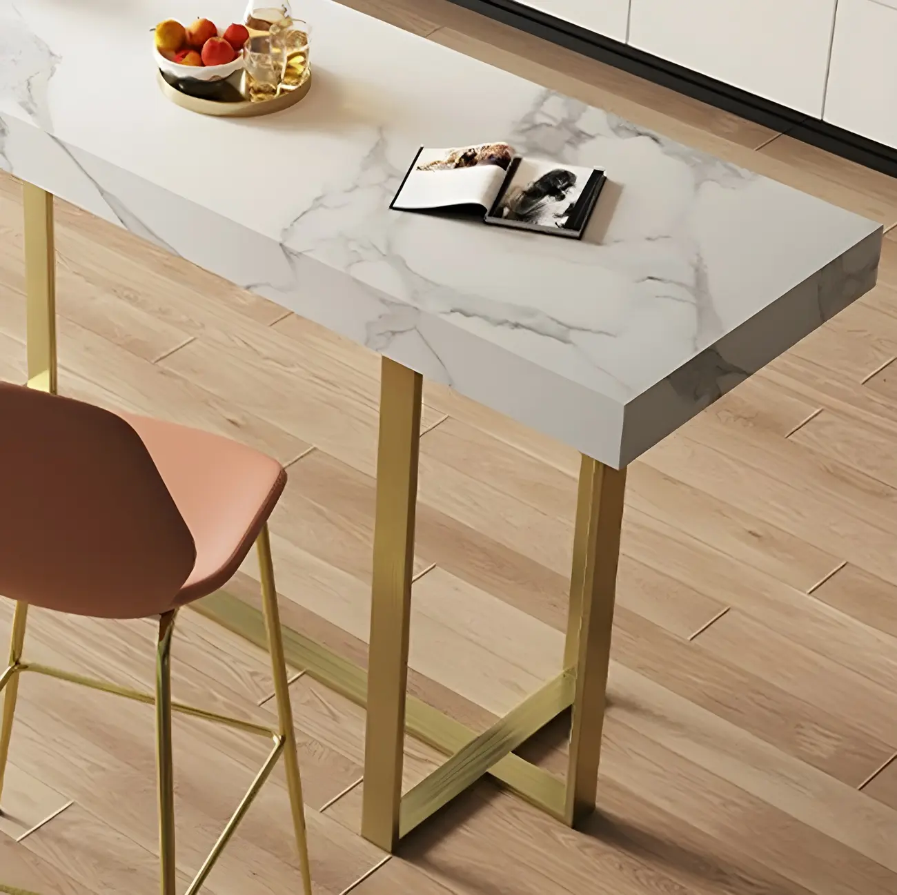 Glamorous White Stone Top Gold Metal Trestle Bar Table Image - 8 | homeyfad