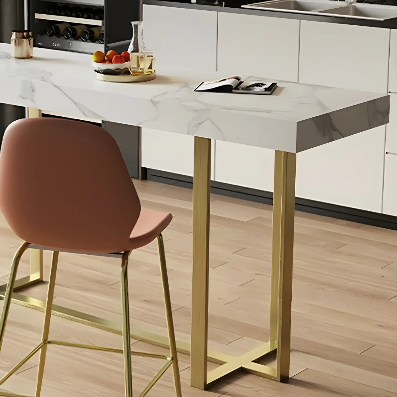 Glamorous White Stone Top Gold Metal Trestle Bar Table Image - 9 | homeyfad