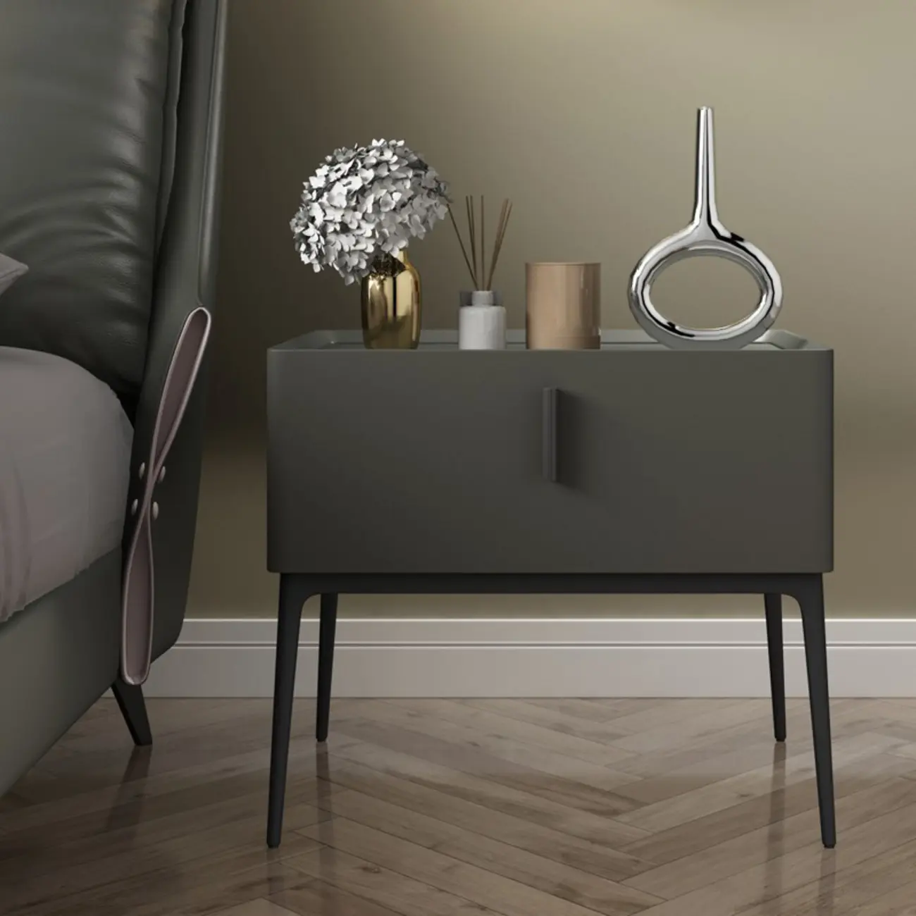 Contemporary Beige Faux Leather 4-Leg Drawer Nightstand Image - 5 | homeyfad