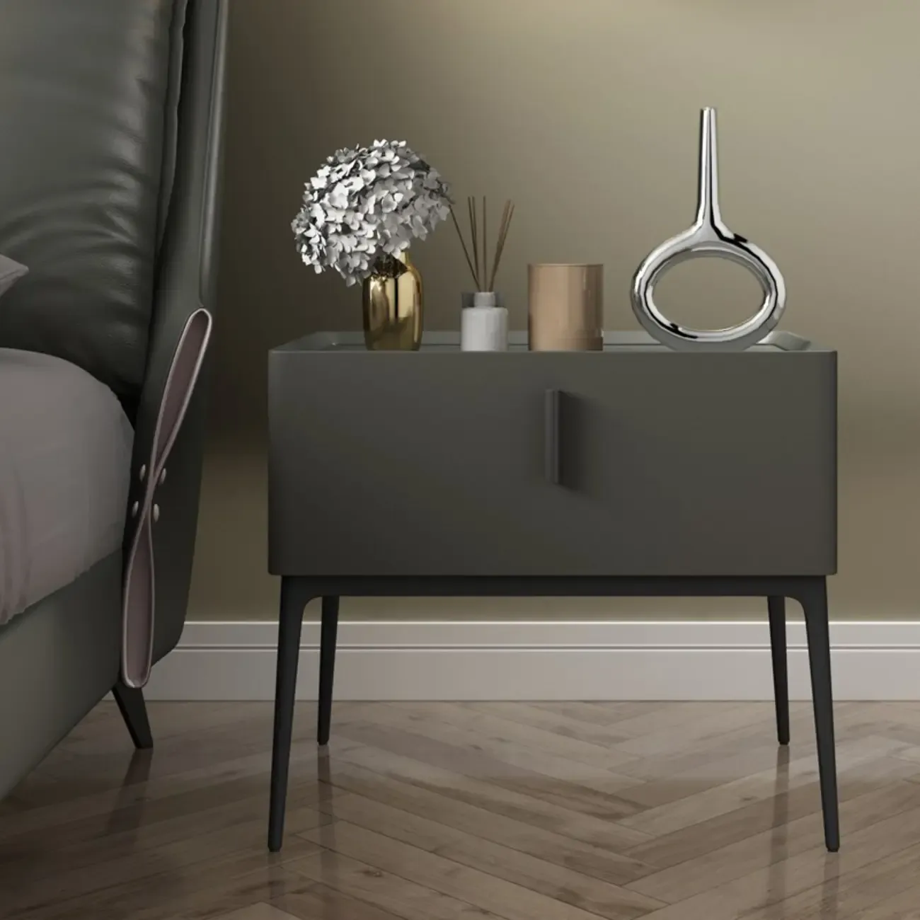 Contemporary Beige Faux Leather 4-Leg Drawer Nightstand Image - 5